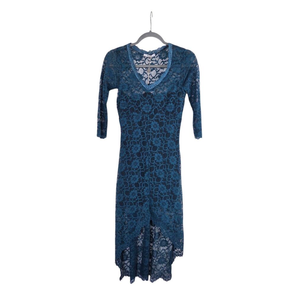 Berna Italy Teal Green Blue Floral Lace High Low Hem Midi Dress NWT, Size Small